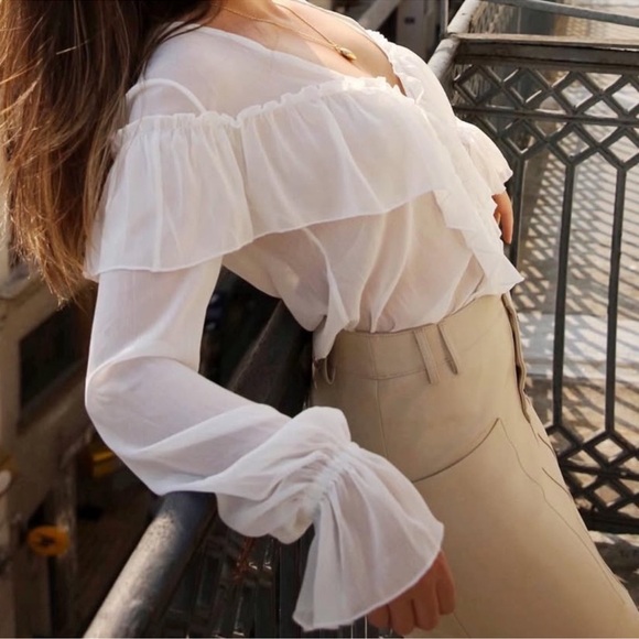 MAJORELLE Tops - MAJORELLE Sheer Chiffon White Ruffled Blouse S